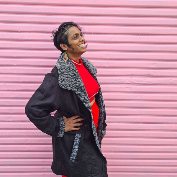 Fierce Peace Linen Jacket by Genkstasy. Oversized ethically made linen jacket. Linen jacket with vintage zebra print cordurouy.
