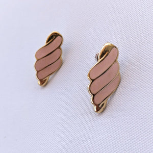 Pair of pink and gold stud earrings on a white background. The earrings measure 2cm from top to bottom and are 1cm wide.